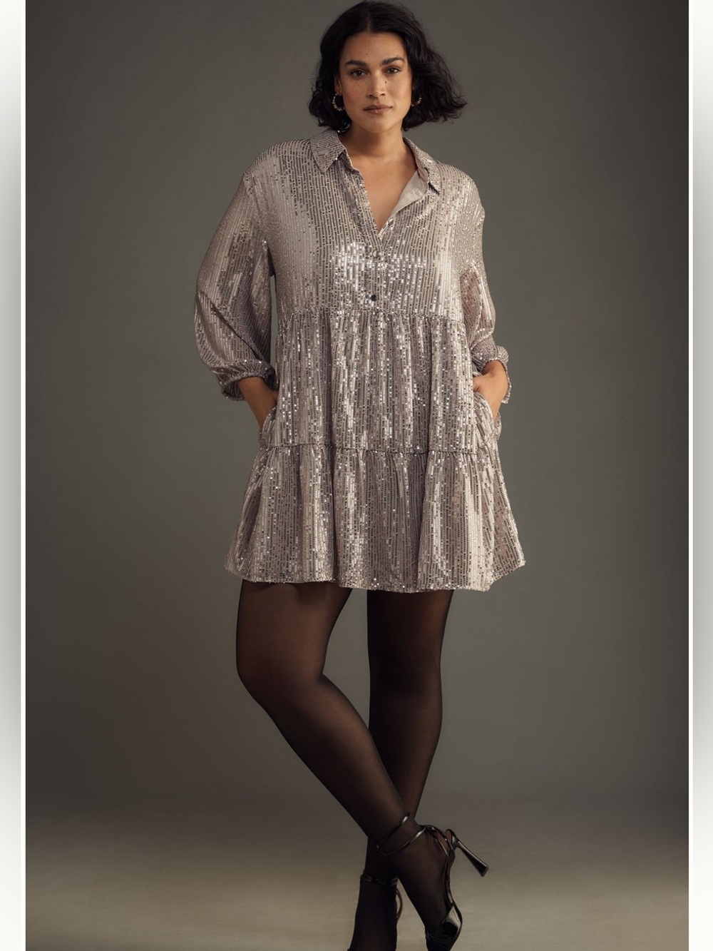 Anthropologie Maeve Bettina Silver Sequin Tiered Shirt Dress EUC Large - Picture 2 of 5